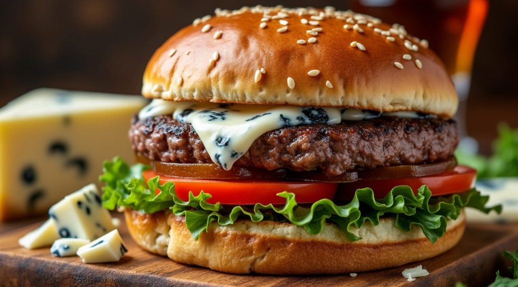 découvrez notre burger au bleu d'auvergne, une explosion de saveurs pour les amateurs de fromages puissants et gourmands.