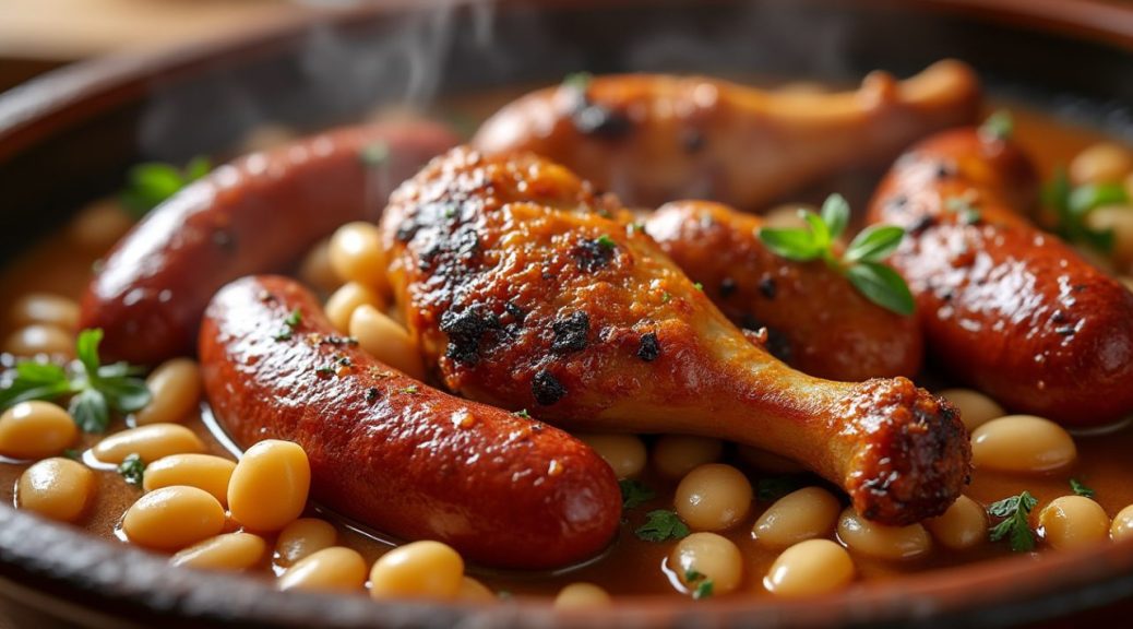 découvrez notre cassoulet 100% canard, généreusement garni de manchons, gésiers et saucisses pour un goût authentique et savoureux.