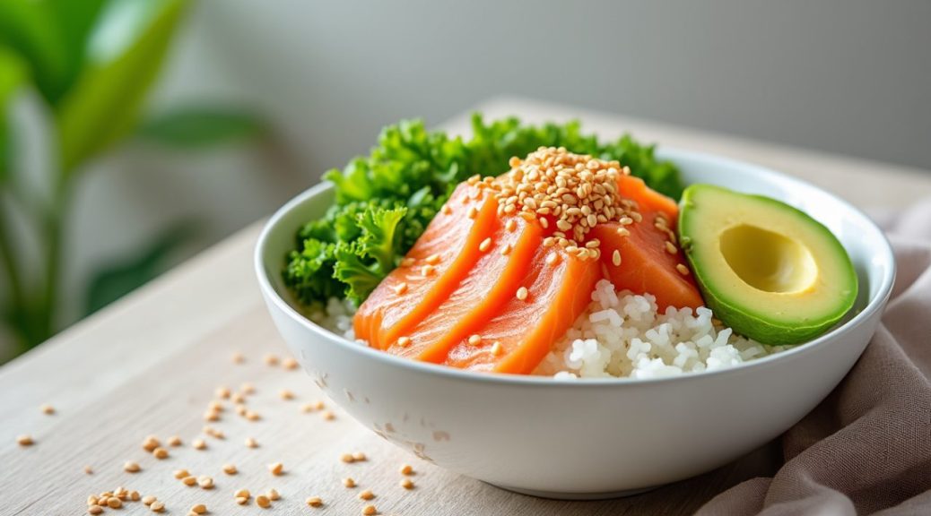 découvrez la recette du poke bowl saumon-avocat classique, savoureux et équilibré, agrémenté de graines de sésame pour une touche croquante et gourmande.