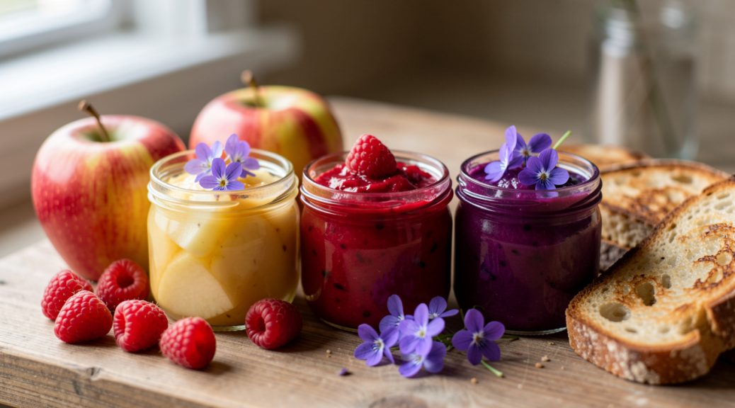 Trois petits pots de confiture aux parfums de pomme, framboise et violette, entourés de fruits frais, de fleurs violettes et de pain grillé rustique.