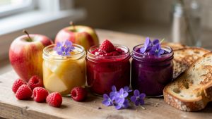 Trois petits pots de confiture aux parfums de pomme, framboise et violette, entourés de fruits frais, de fleurs violettes et de pain grillé rustique.