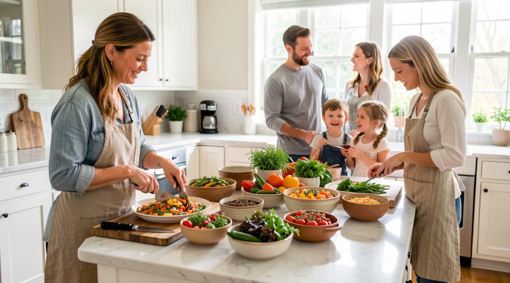 Cuisine familiale lumineuse où une cuisinière prépare plusieurs plats colorés, tandis qu’un homme, une femme, un garçon et une fille échangent chaleureusement en arrière-plan.