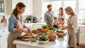 Cuisine familiale lumineuse où une cuisinière prépare plusieurs plats colorés, tandis qu’un homme, une femme, un garçon et une fille échangent chaleureusement en arrière-plan.