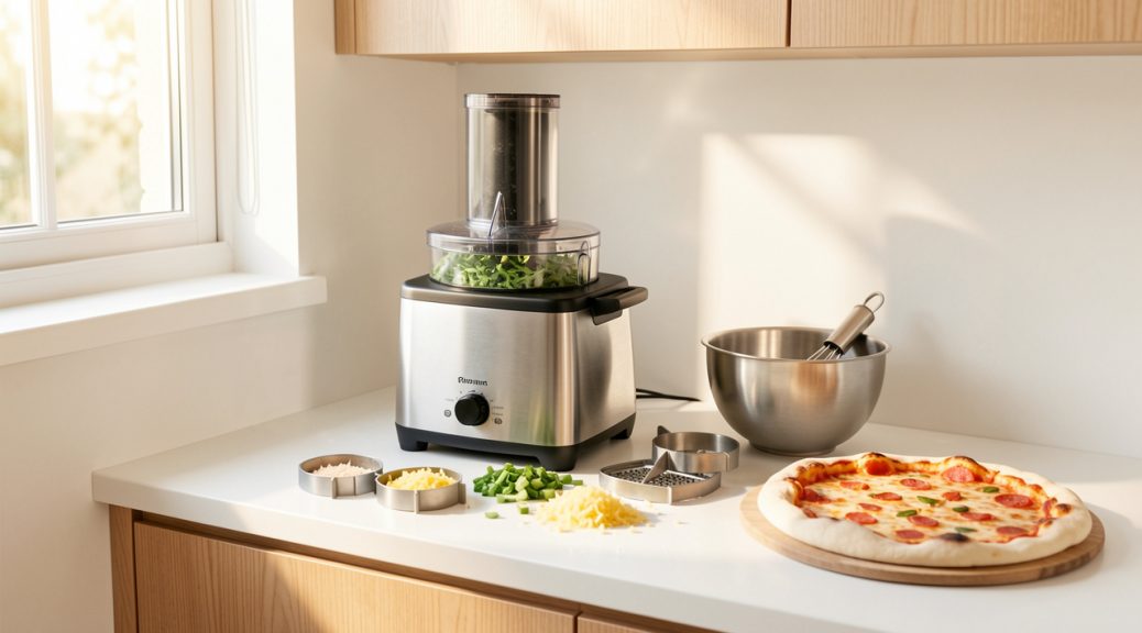 Cuisine lumineuse et compacte avec un robot multifonction en acier posé sur un plan de travail, des accessoires de râpage, un bol mélangeur et de la pâte à pizza.