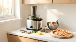Cuisine lumineuse et compacte avec un robot multifonction en acier posé sur un plan de travail, des accessoires de râpage, un bol mélangeur et de la pâte à pizza.