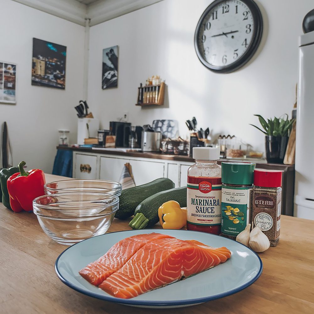 Cuisine ouverte avec une poêle contenant du poisson cuit et une fenêtre grande ouverte.