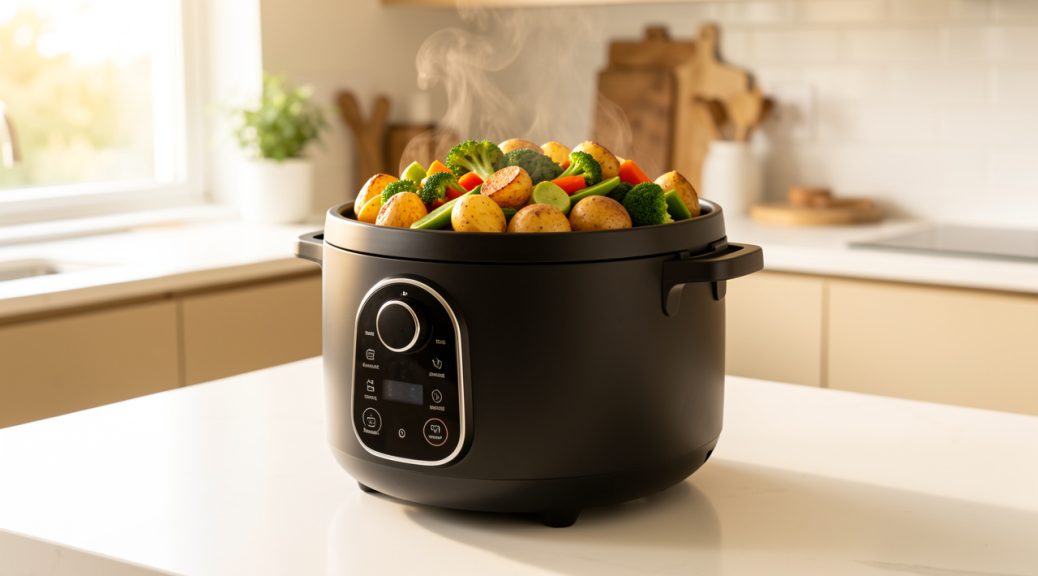 Multicuiseur moderne noir avec fonction airfryer, contenant des pommes de terre dorées et des légumes rôtis, posé sur un plan de travail lumineux.