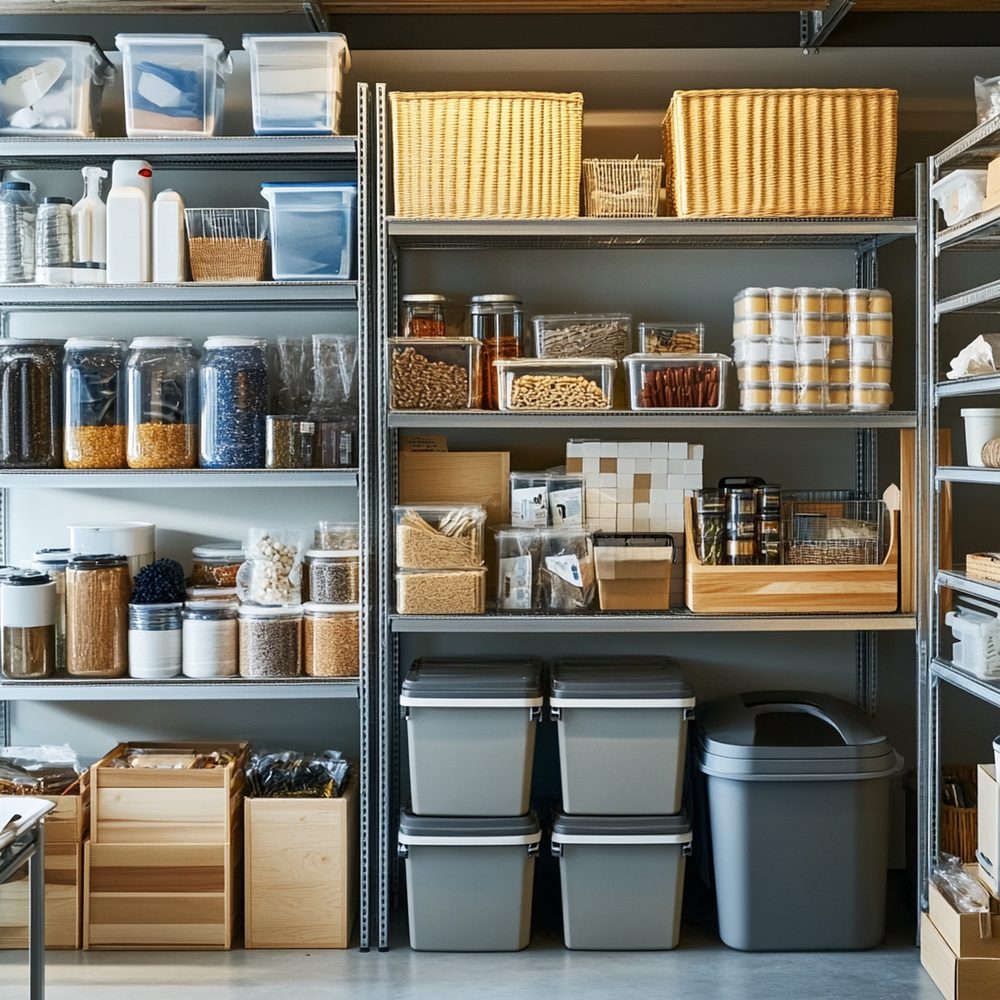 Des aliments du quotidien soigneusement stockés dans un espace de rangement compact, laissant le plan de travail dégagé.