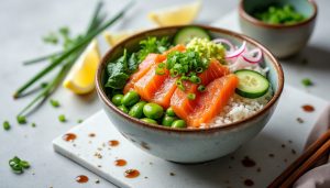 préparez un poke bowl au saumon fumé, savoureux et prêt rapidement : une alternative facile au poke traditionnel, sans poisson cru.