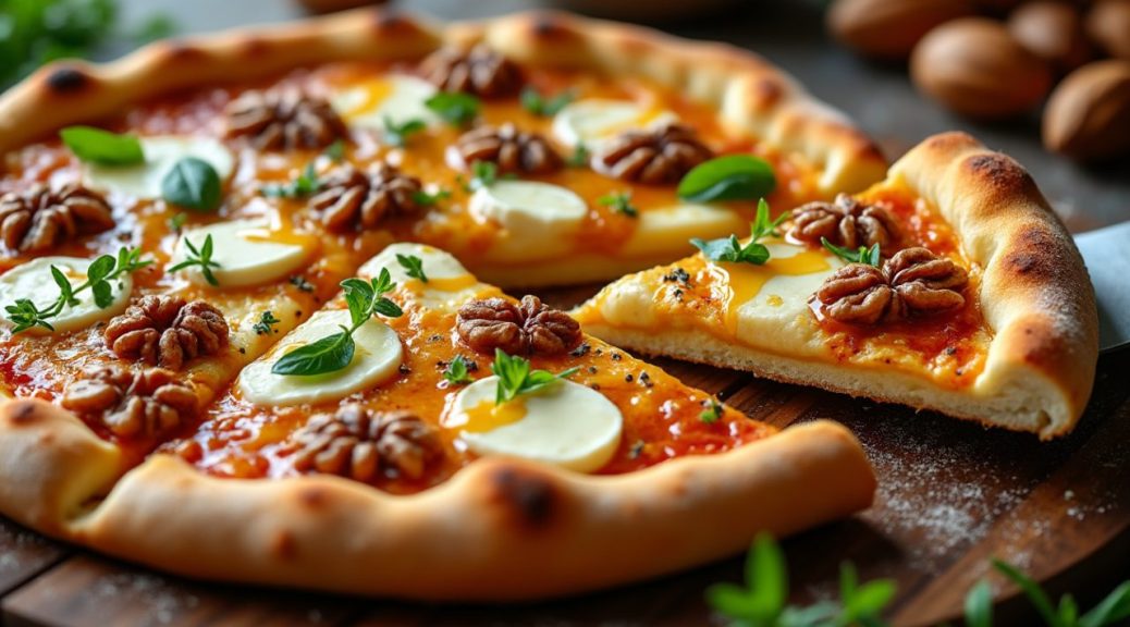 découvrez la recette irrésistible de la pizza chèvre-miel aux noix, où le fondant du fromage rencontre la douceur du miel et le croquant des noix.
