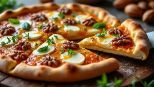 découvrez la recette irrésistible de la pizza chèvre-miel aux noix, où le fondant du fromage rencontre la douceur du miel et le croquant des noix.