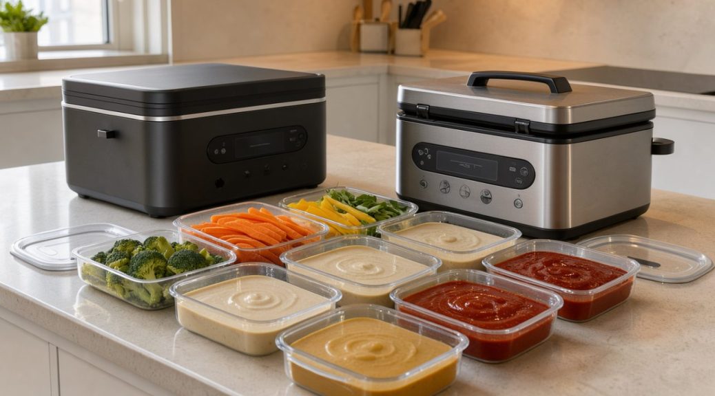 Cuisine lumineuse présentant deux robots cuiseurs multifonctions sur un plan de travail, entourés de boîtes de batch cooking contenant des légumes, de la soupe et de la sauce tomate.