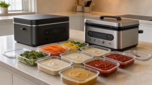 Cuisine lumineuse présentant deux robots cuiseurs multifonctions sur un plan de travail, entourés de boîtes de batch cooking contenant des légumes, de la soupe et de la sauce tomate.