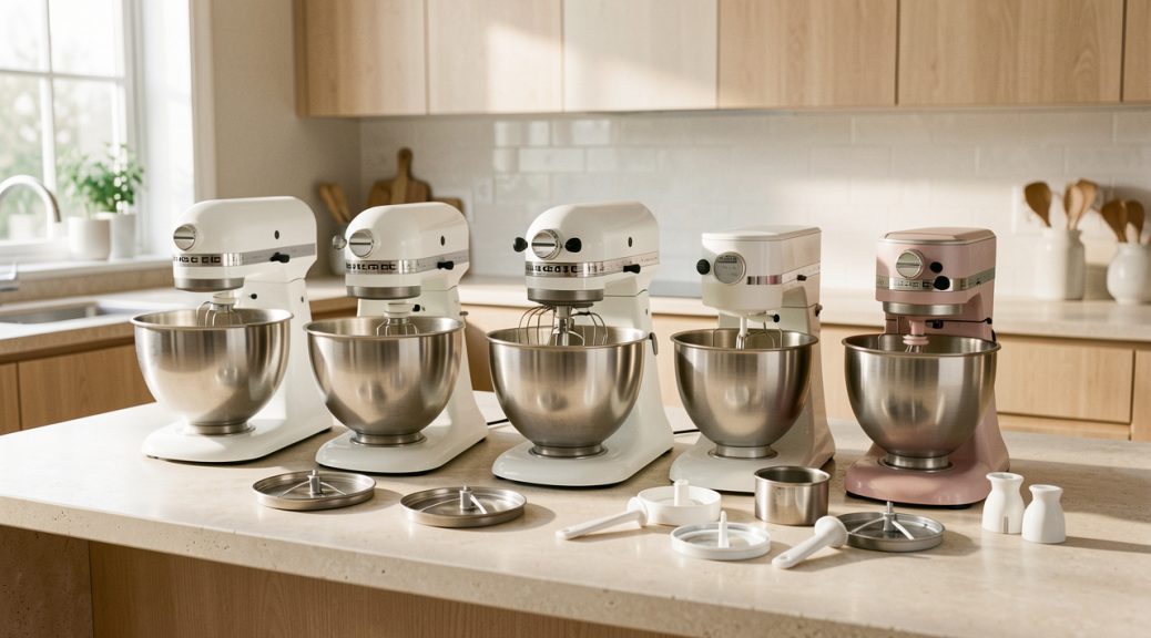 Cuisine lumineuse présentant cinq robots multifonctions alignés sur un plan de travail, avec leurs bols et accessoires visibles.
