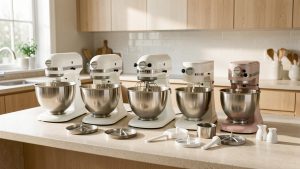 Cuisine lumineuse présentant cinq robots multifonctions alignés sur un plan de travail, avec leurs bols et accessoires visibles.