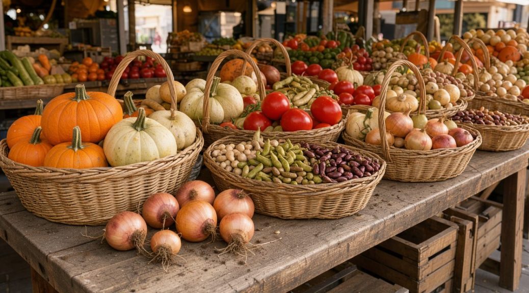 Étal de marché français présentant des paniers de courges, d’oignons, de tomates et de légumineuses dans une lumière naturelle et chaleureuse.
