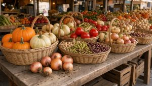 Étal de marché français présentant des paniers de courges, d’oignons, de tomates et de légumineuses dans une lumière naturelle et chaleureuse.