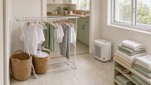 Petite buanderie attenante à une cuisine, avec du linge séchant sur un étendoir près d’une fenêtre ouverte et un déshumidificateur.